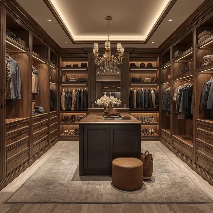 Closet planejado com ilha central e iluminação integrada